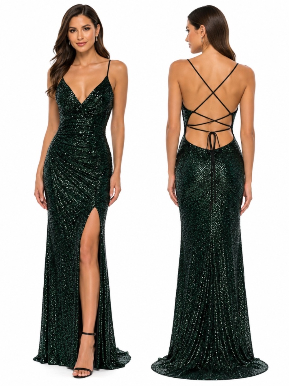 La Femme- 30374 Emerald Sequin Backless Gown